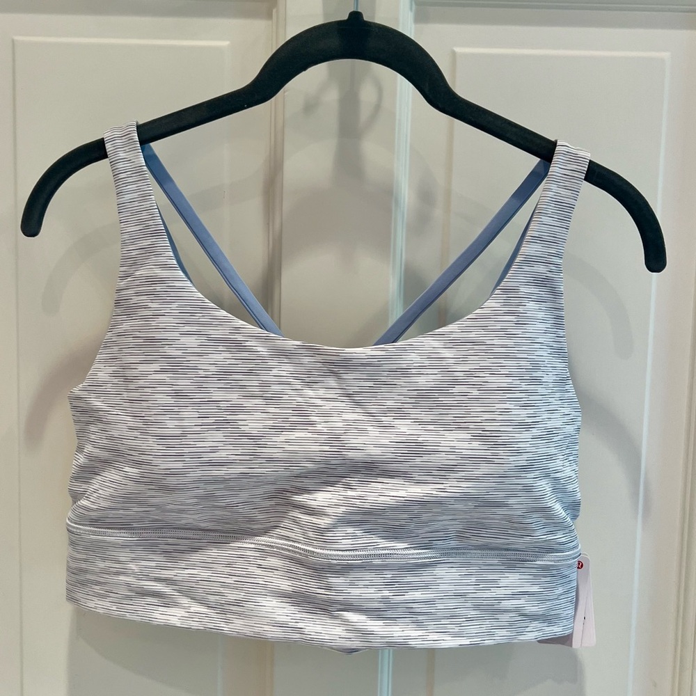Lululemon energy bra, long line. Size 12. NWT. Light grey/silver blue.